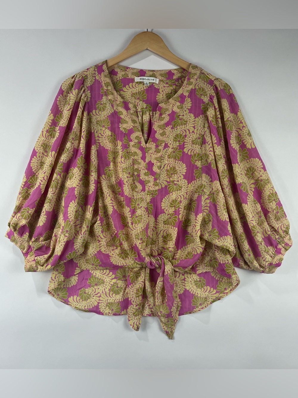 Rose + Olive Relaxed Fit Tie Front Boho Blouse M